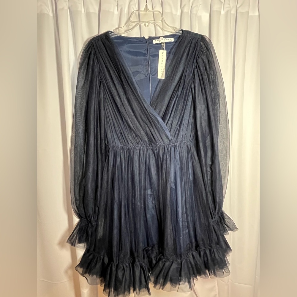Trina Turk Infamous Moonstruck Dark Navy Blue Tulle Midi Dress!